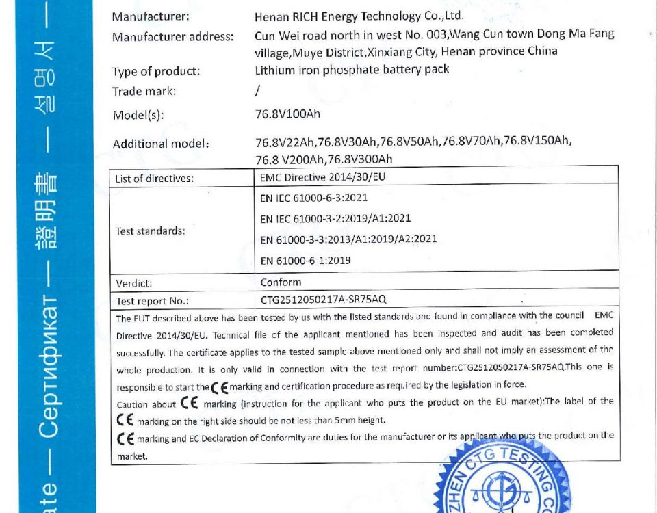 RICHYE 76,8V Certificado CE 1 RICHYE 76,8V Certificado CE