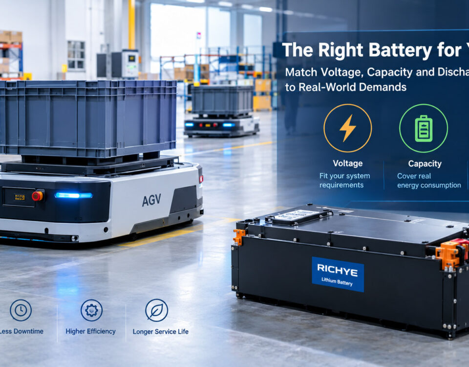 AGV Battery Sizing Made Simple: How to Match Voltage, Capacity, and Discharge Current to Real-World Demands 2 AGV Battery Guide in a Smart Warehouse
